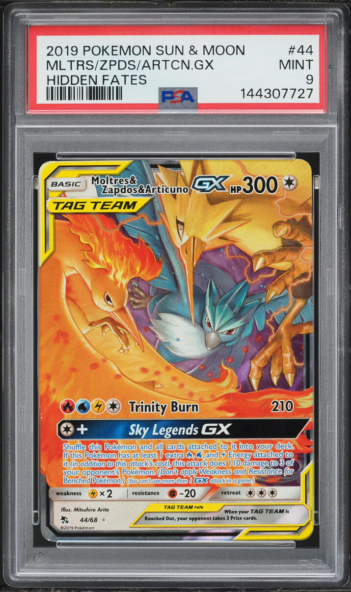 2019 Pokemon SM Hidden Fates Full Art Moltres & Zapdos & Articuno GX #44 PSA 9 MINT
