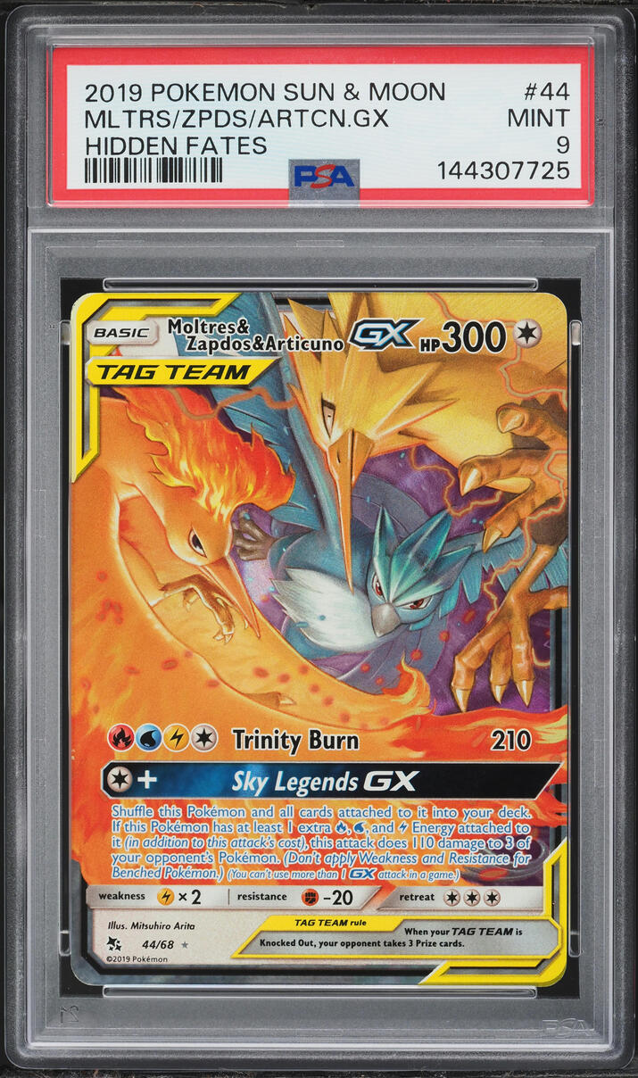 2019 Pokemon Sun & Moon Hidden Fates Full Art Moltres & Zapdos & Articuno GX #44 PSA 9 MINT