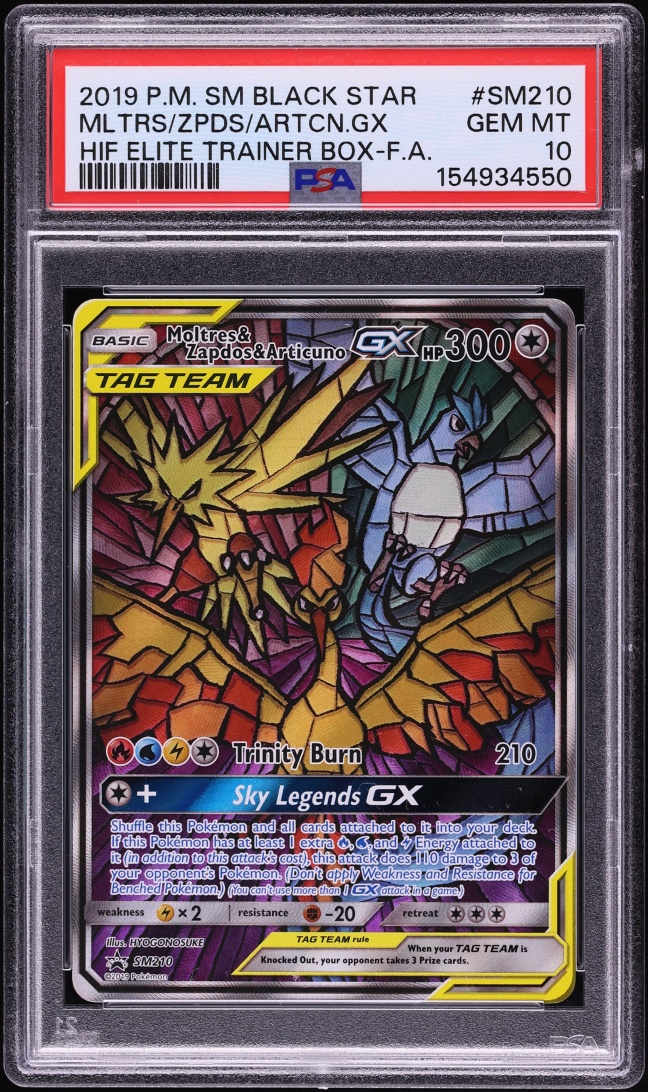 2019 Pokemon SM Promo Hidden Fates ETB Full Art Moltres & Zapdos & Articuno GX #210 PSA 10 GEM
