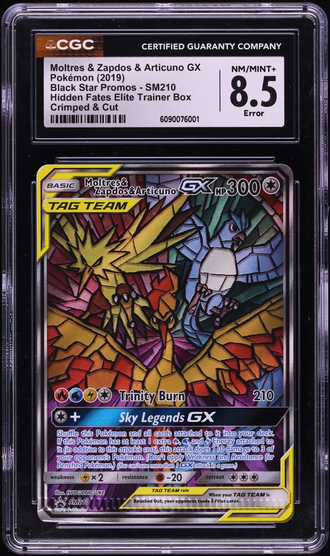 2019 Pokemon SM Promo Hidden Fates Full Art Error Moltres Zapdos Articuno GX #SM210 CGC 8.5
