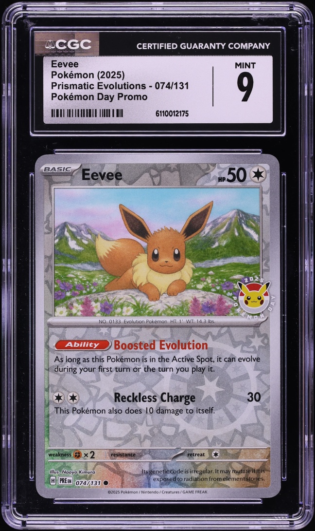 2025 Pokemon SV Prismatic Evolutions Promo Pokemon Day Reverse Holo Eevee #074 CGC 9 MINT