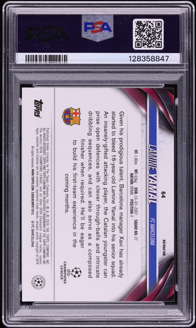2023 Topps Chrome UEFA Club Competitions Refractor Lamine Yamal ROOKIE #64 PSA 10 GEM MINT