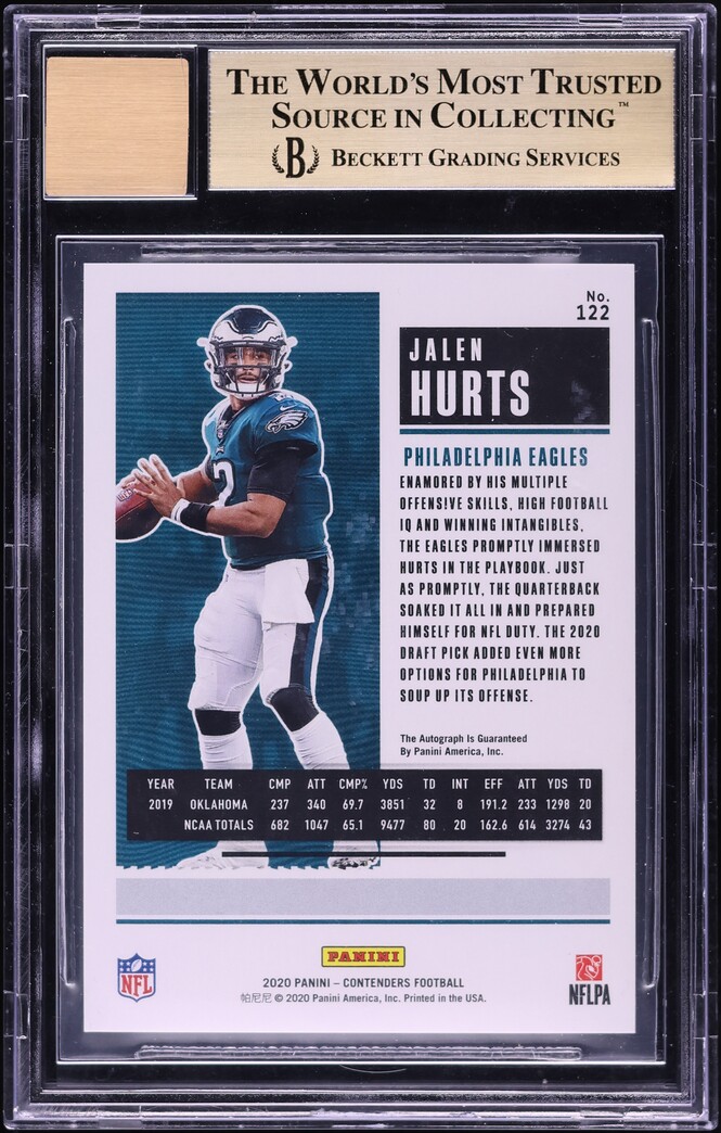 2020 Panini Contenders Cracked Ice Jalen Hurts ROOKIE AUTO /22 #122 BGS 9.5 GEM