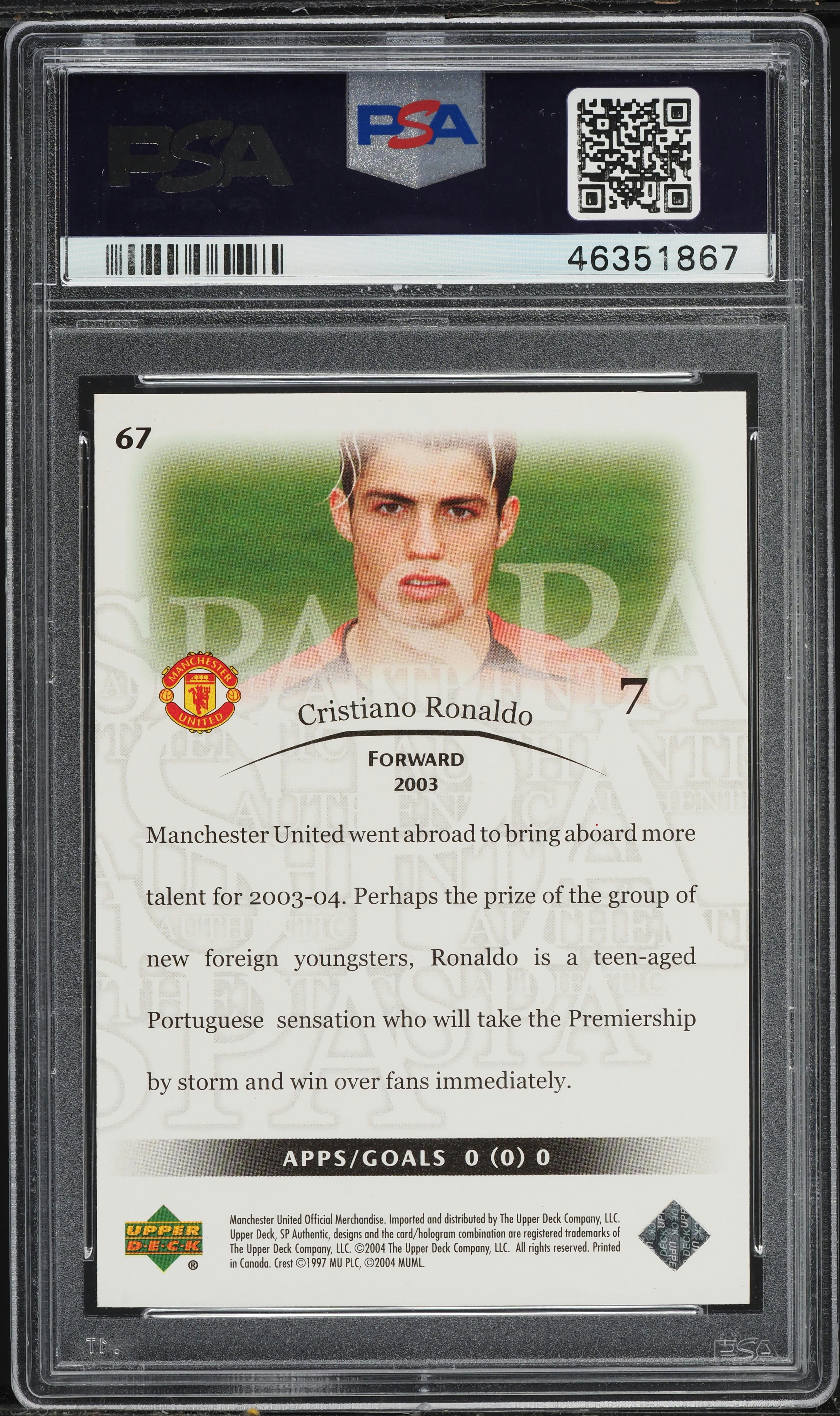 その他 PSA 2004 SP AUTHENTIC CRISTIANO RONALDO Soccer - 2004 Upper Deck SP Authentic Manchester United