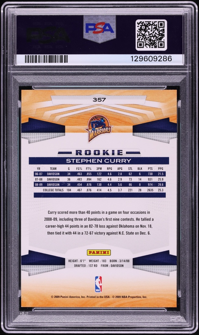 2009 Panini Basketball Stephen Curry ROOKIE #357 PSA 8 NM-MT