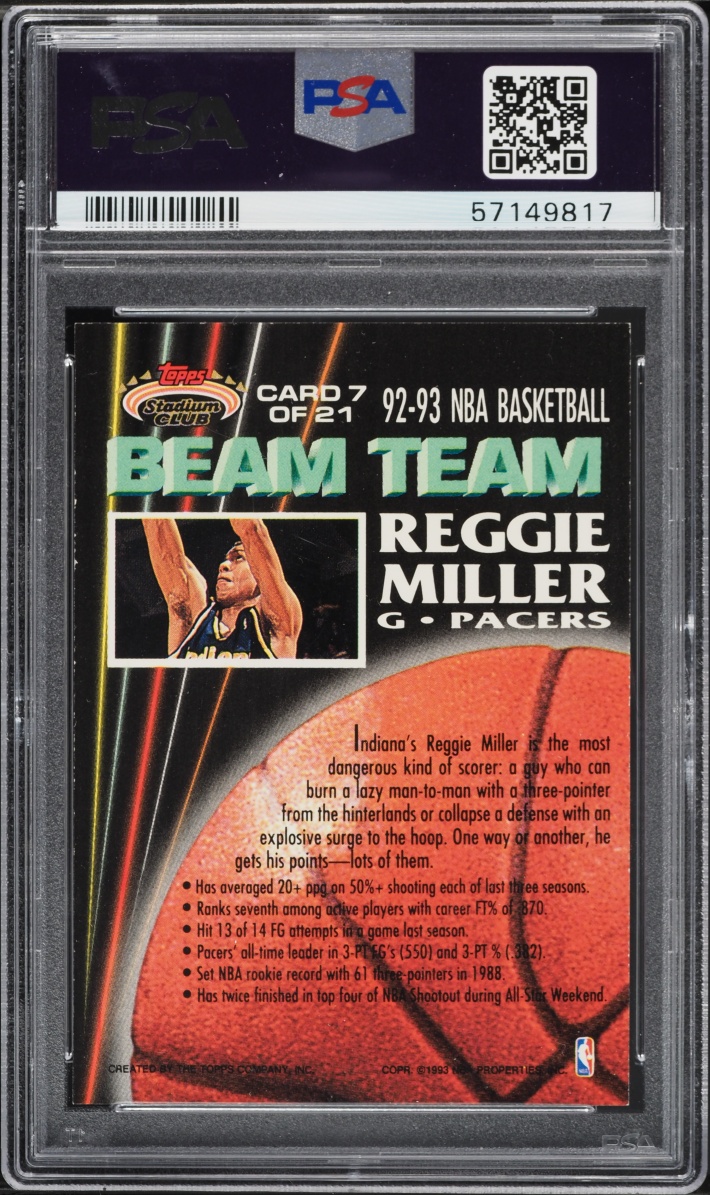 1992 Stadium Club Beam Team Members Only Reggie Miller #7 PSA 8 NM-MT