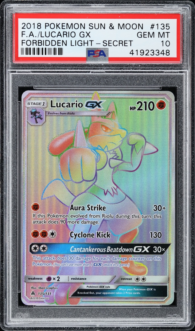 2018 Pokemon Sun & Moon Forbidden Light Rainbow Rare Lucario GX #135 PSA 10 GEM MINT