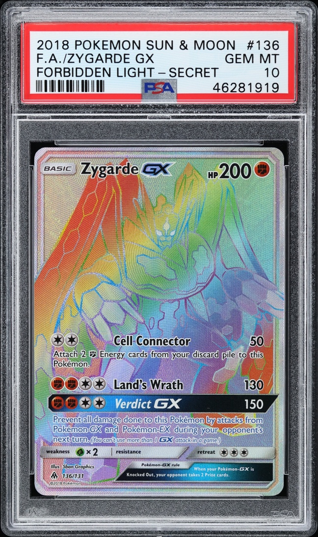 2018 Pokemon Sun & Moon Forbidden Light Rainbow Rare Zygarde GX #136 PSA 10 GEM MINT