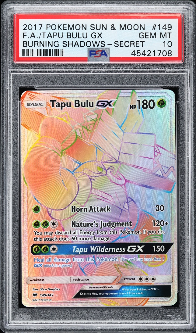 2017 Pokemon Sun & Moon Burning Shadows Rainbow Rare Tapu Bulu GX #149 PSA 10 GEM MINT
