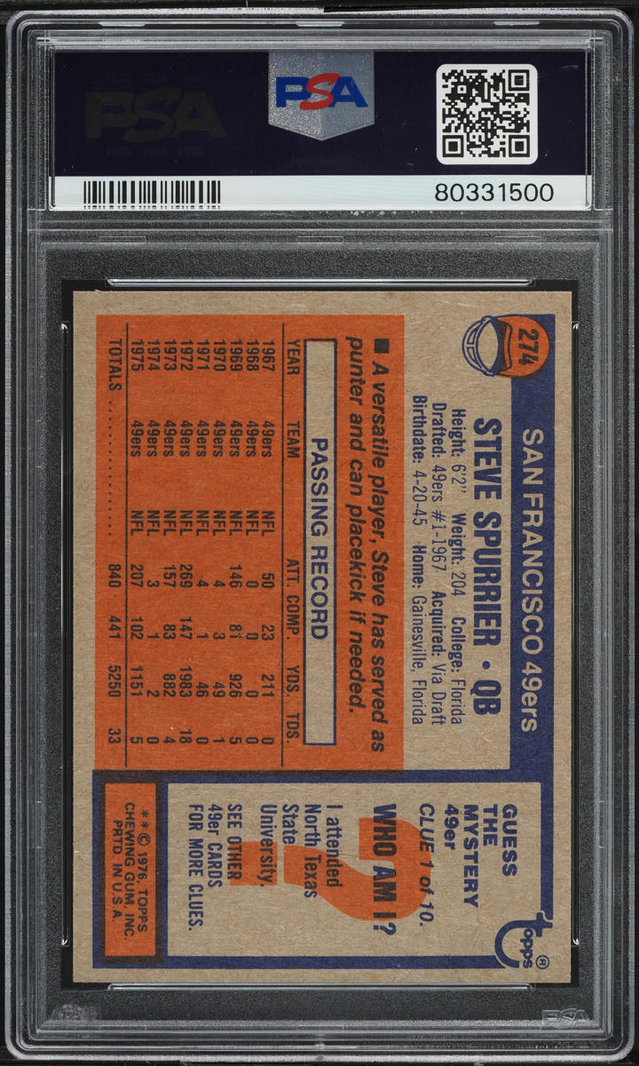 1976 Topps Football Steve Spurrier #274 PSA 10 GEM MINT
