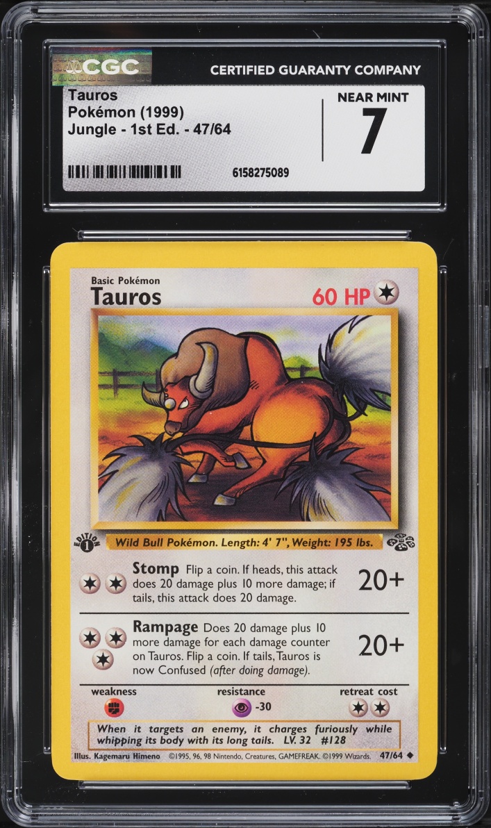 1999 Pokemon Jungle 1st Edition Tauros #47 CGC 7 NRMT