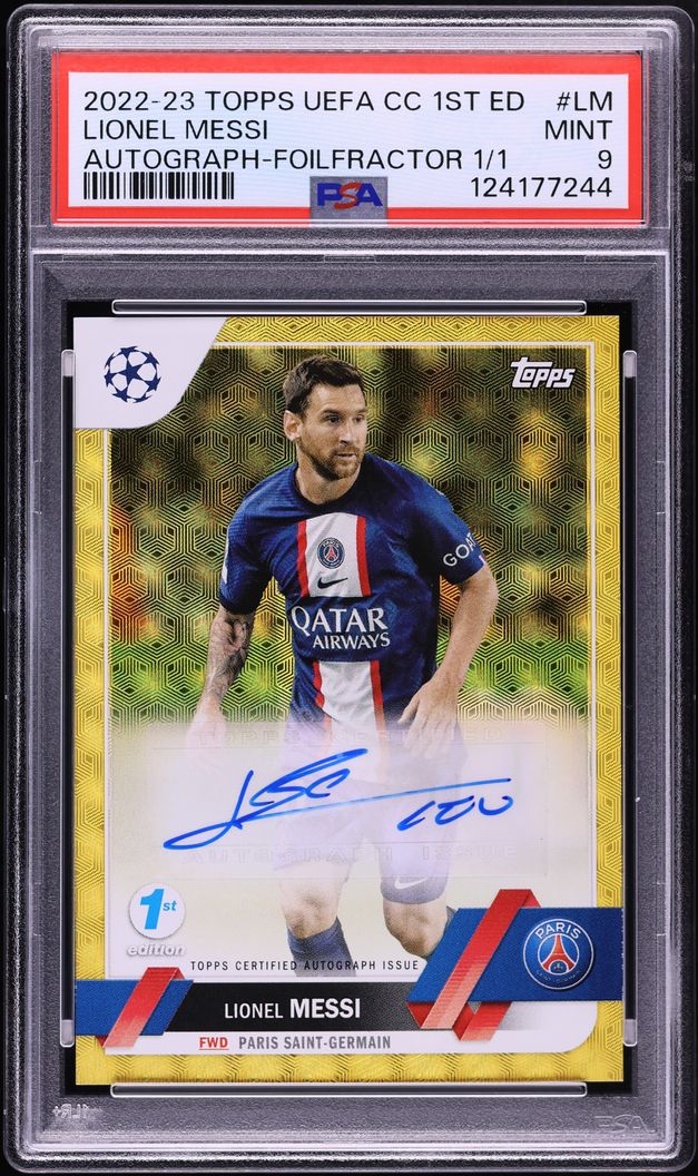2022 Topps UEFA Club Competitions 1st Edition Foilfractor Lionel Messi AUTO 1/1 #A1-LM PSA 9