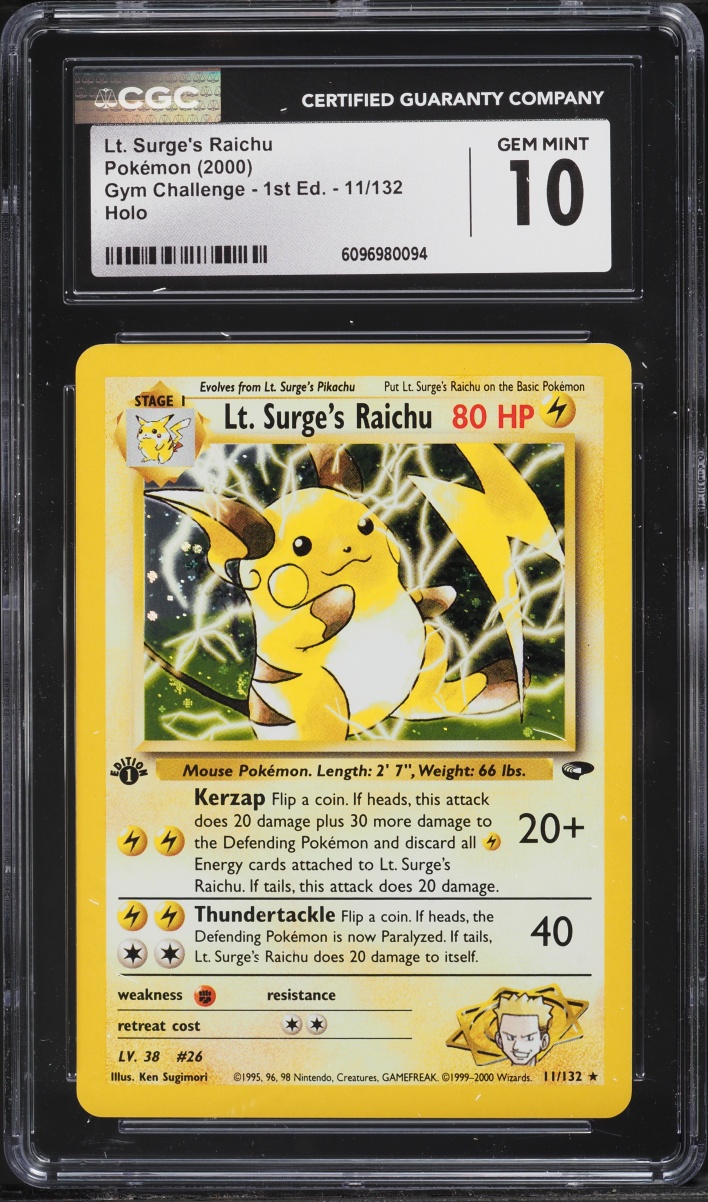 2000 Pokemon Gym Challenge 1st Edition Holo Lt. Surge's Raichu #11 CGC 10 GEM MINT