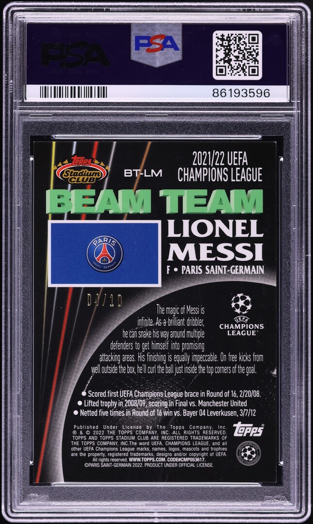 2021 Stadium Club Chrome UEFA '92 Beam Team Black Refractor Lionel Messi /10 PSA 10 GEM MINT - Photo 2
