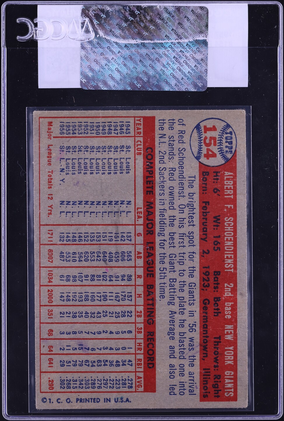 1957 Topps Red Schoendienst #154 CGC AUTH