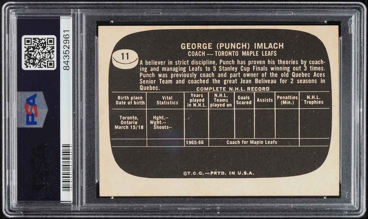 1966 Topps USA Test Hockey Punch Imlach #11 PSA 6 EXMT