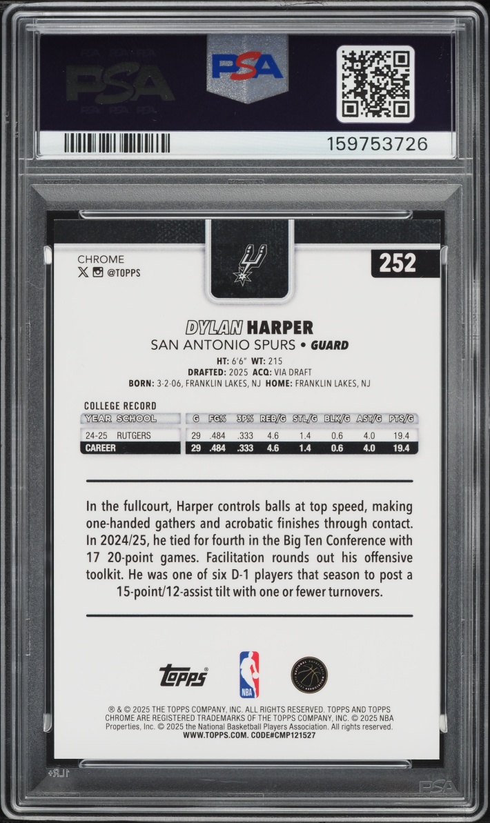 2025 Topps Chrome Gold Geometric Dylan Harper ROOKIE /50 #252 PSA 9 MINT