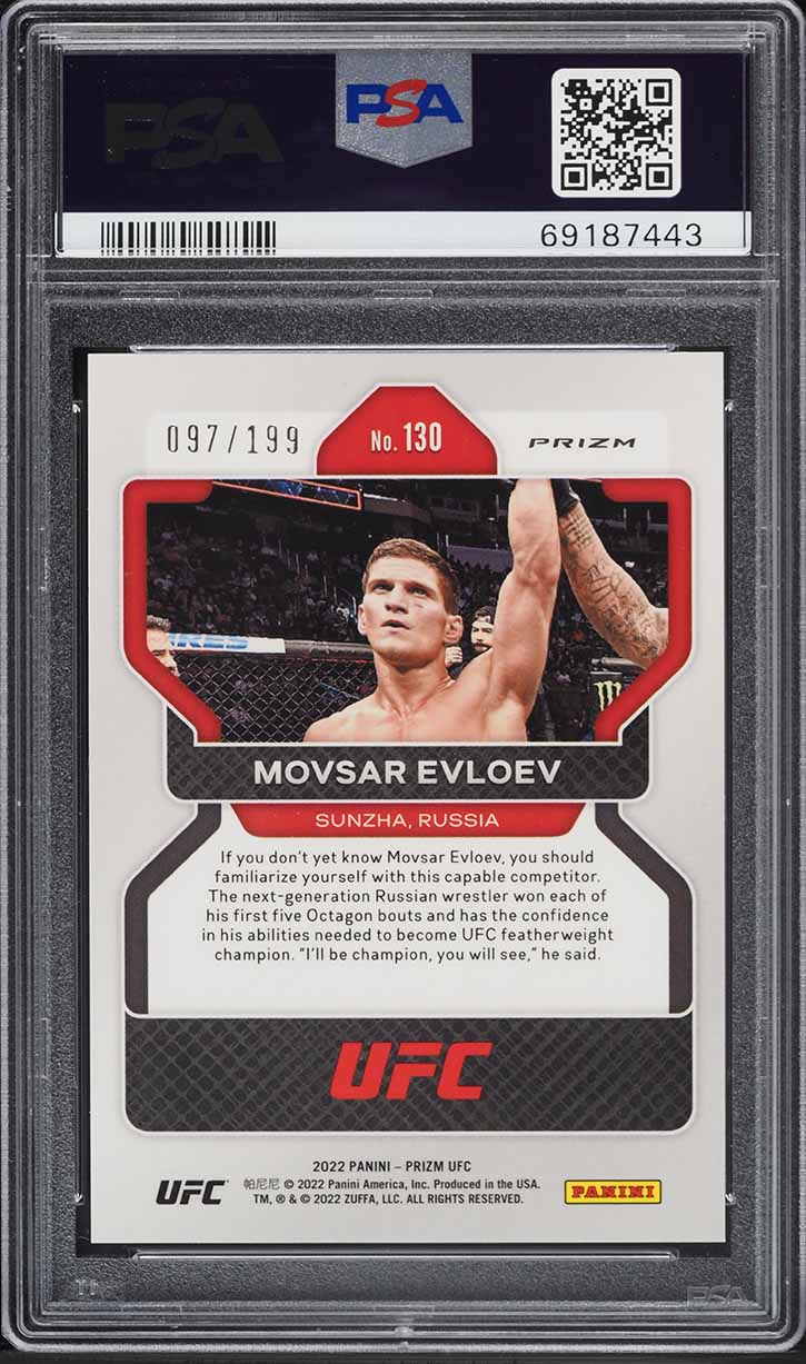 2022 Panini Prizm UFC Blue Movsar Evloev ROOKIE /199 #130 PSA 6 EXMT