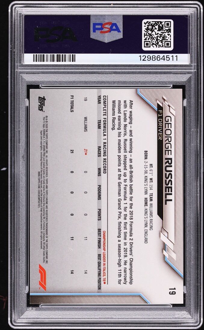 2020 Topps Chrome Formula 1 F1 Sapphire George Russell ROOKIE #19 PSA 9 MINT