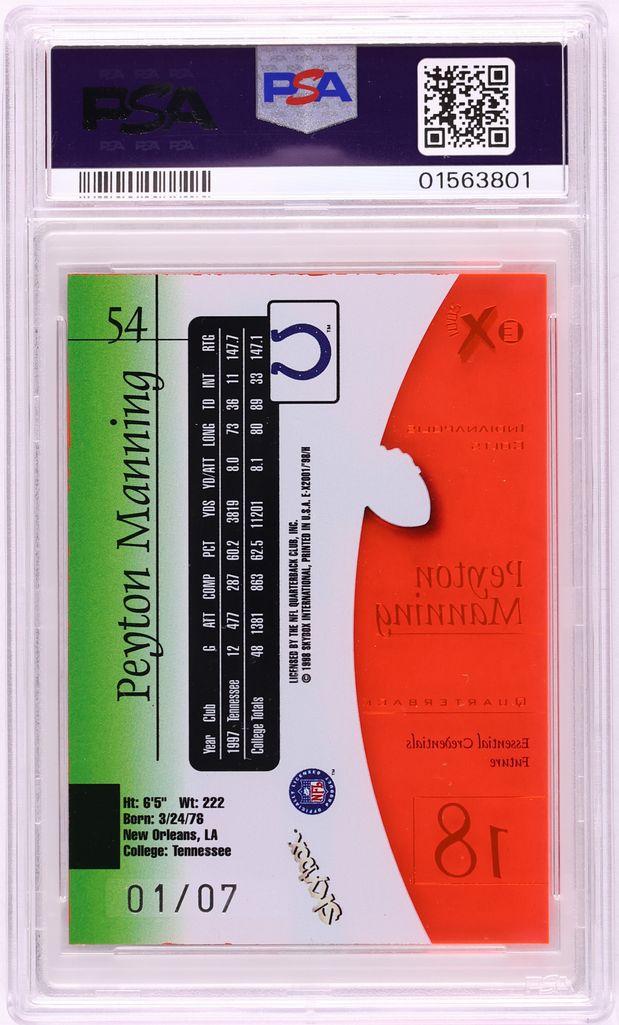 1998 Skybox E-X2001 Essential Credentials Future Peyton Manning ROOKIE 1/7 #54 PSA 9 MINT