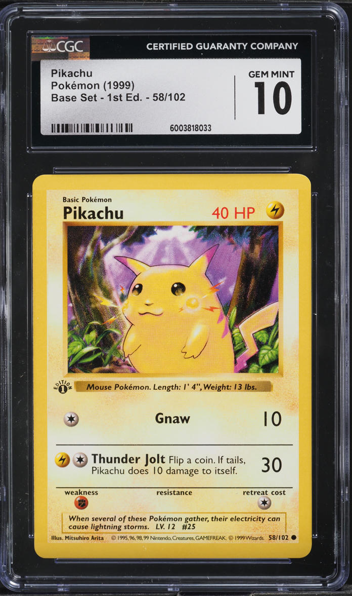 1999 Pokemon Base Set Shadowless 1st Edition Pikachu #58 CGC 10 GEM MINT