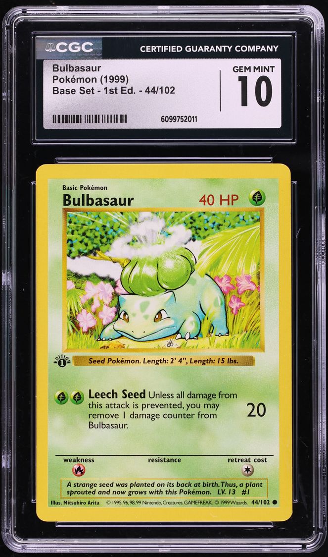 1999 Pokemon Base Set Shadowless 1st Edition Bulbasaur #44 CGC 10 GEM MINT