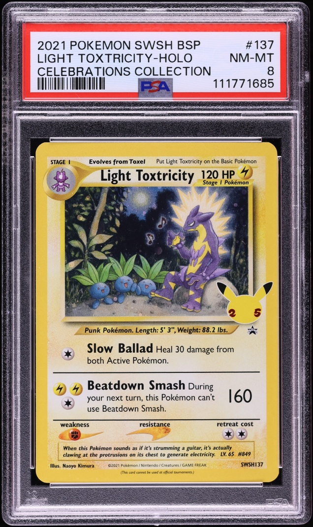 2021 Pokemon Sword & Shield Promo Celebrations Holo Light Toxtricity #137 PSA 8 NM-MT
