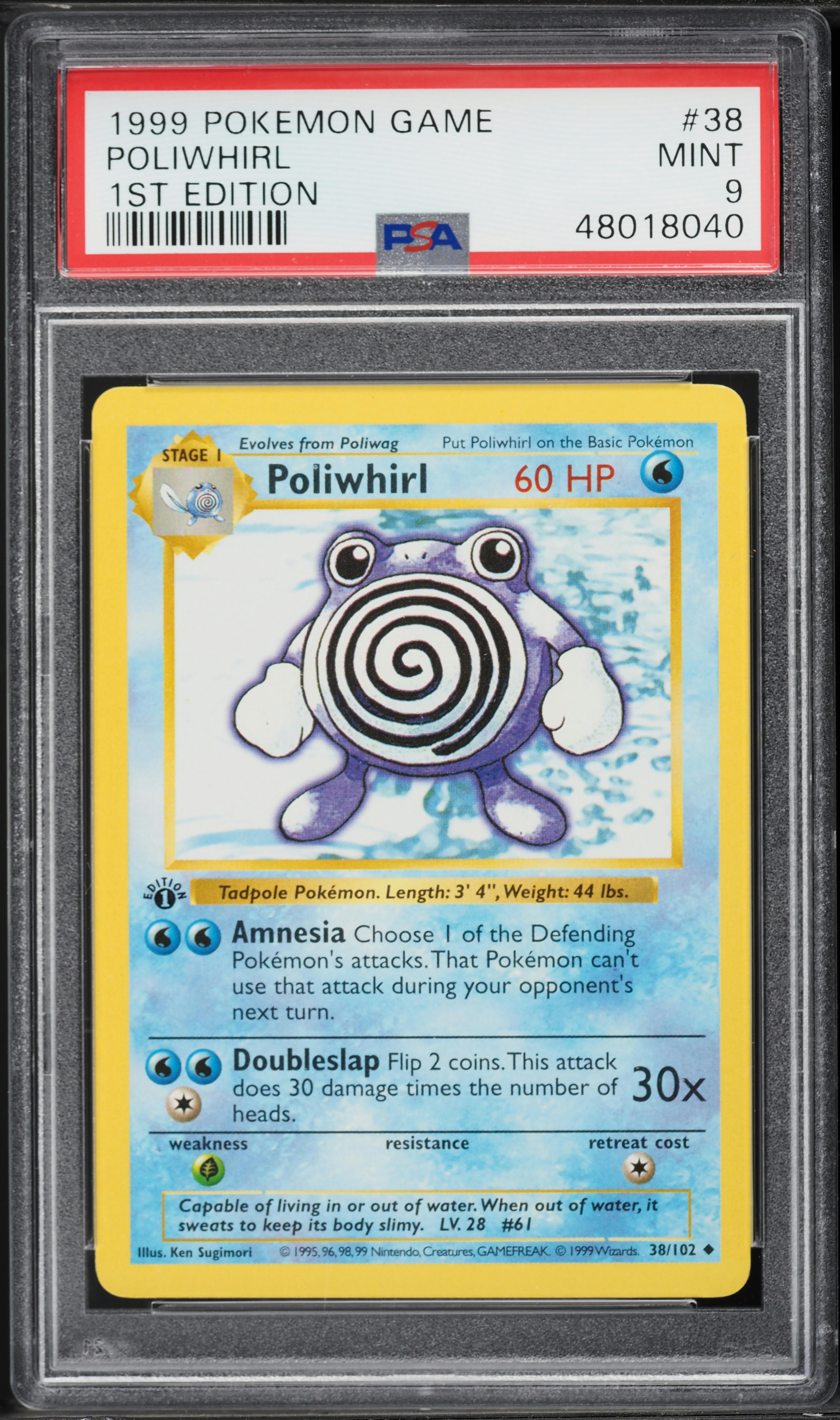 1999 Pokemon Base Set Shadowless 1st Edition Poliwhirl #38 PSA 9 MINT
