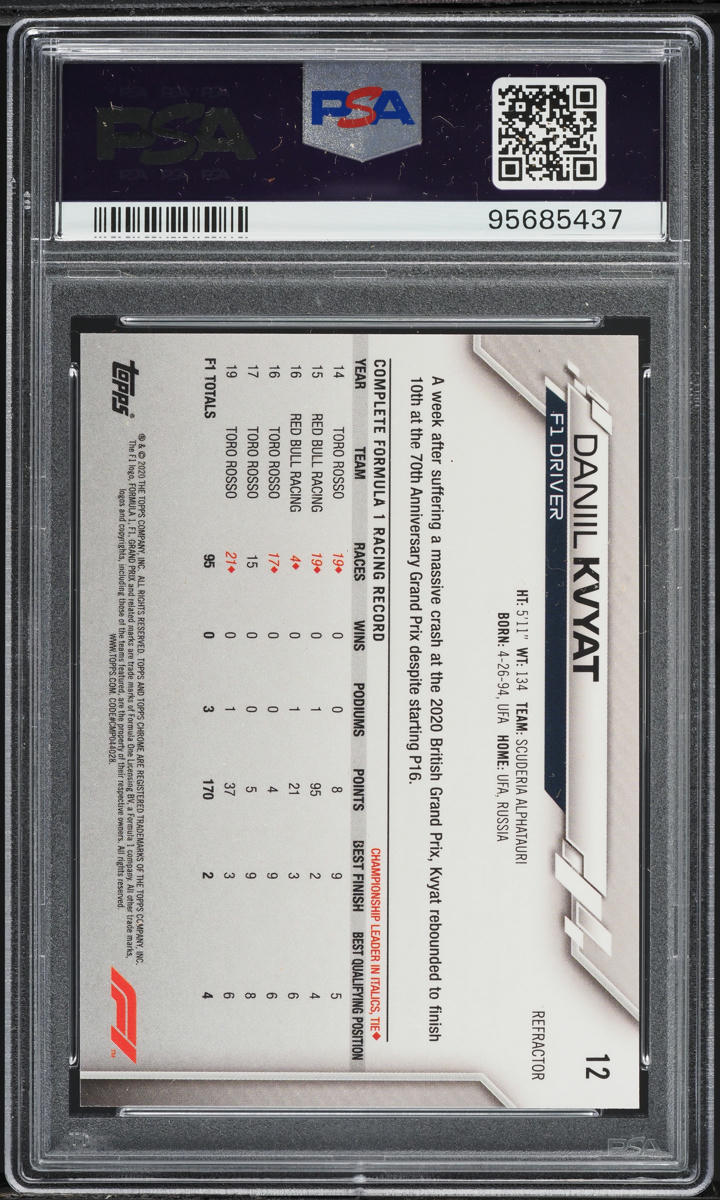 2020 Topps Chrome Formula 1 Refractor Daniil Kvyat #12 PSA 10 GEM MINT