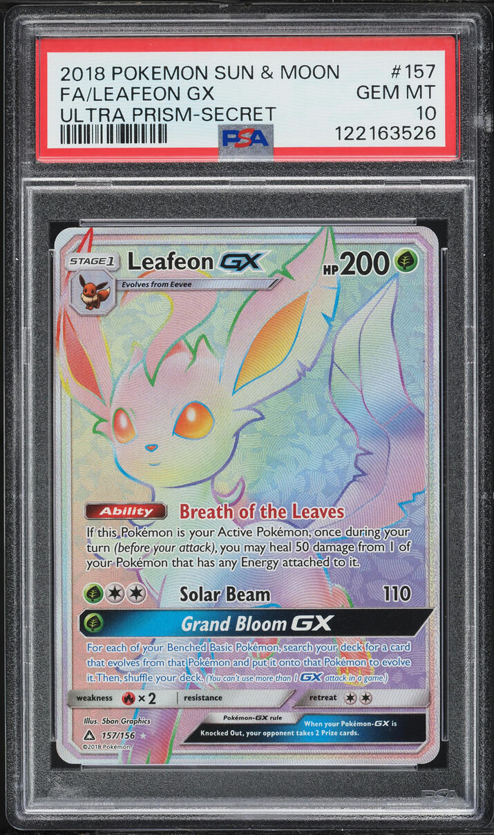 2018 Pokemon Sun & Moon Ultra Prism Rainbow Rare Leafeon GX #157 PSA 10 GEM MINT