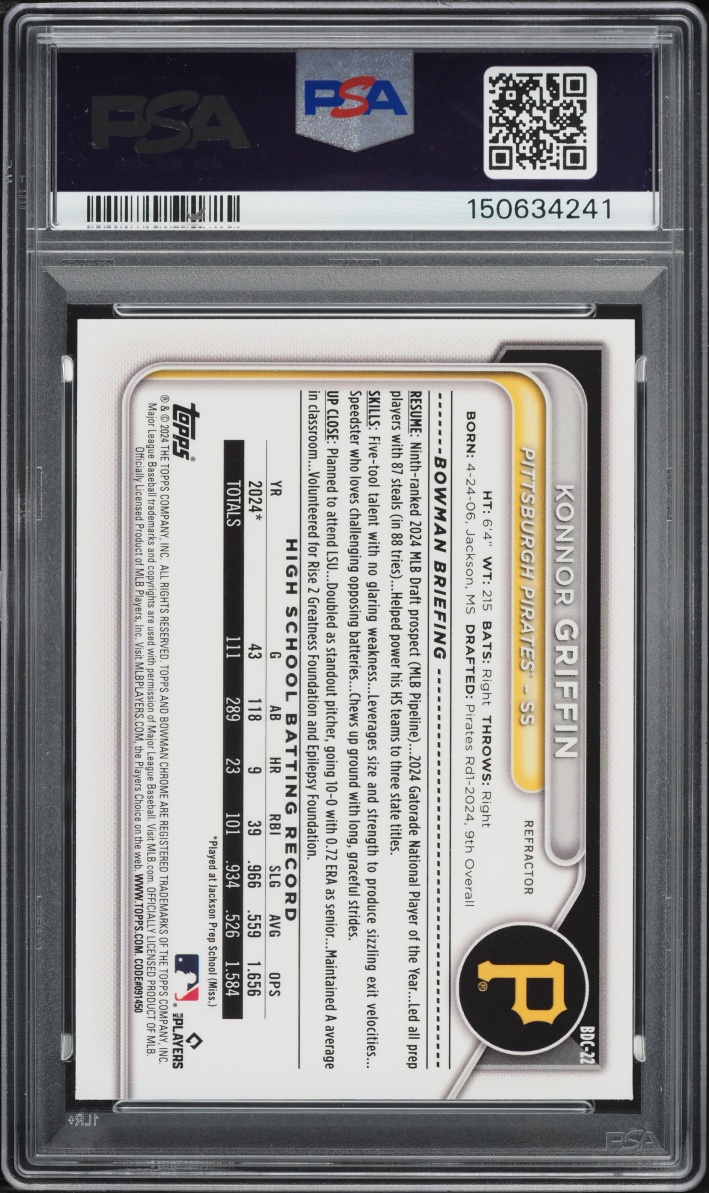 2024 Bowman Chrome Draft Refractor Konnor Griffin PROSPECT #BDC-22 PSA 10 GEM MINT - Photo 2