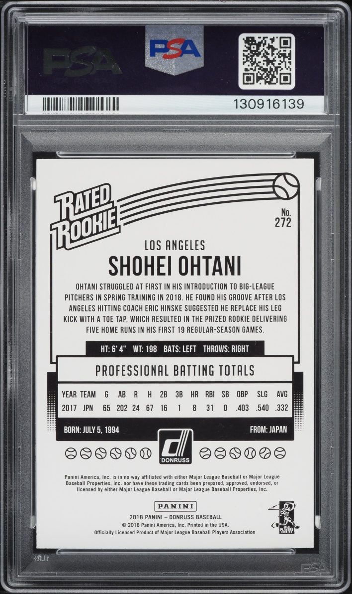 2018 Panini Chronicles Donruss Rated Shohei Ohtani ROOKIE #272 PSA 10 GEM MINT - Photo 2