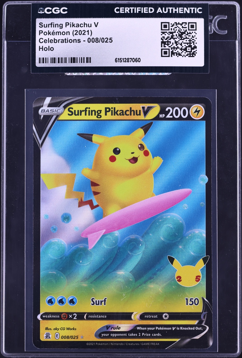 2021 Pokemon Sword & Shield Celebrations Holo Surfing Pikachu V #8 CGC AUTH