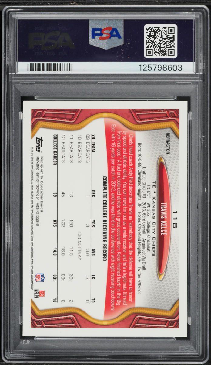 2013 Topps Chrome Refractor Travis Kelce ROOKIE #118 PSA 8 NM-MT