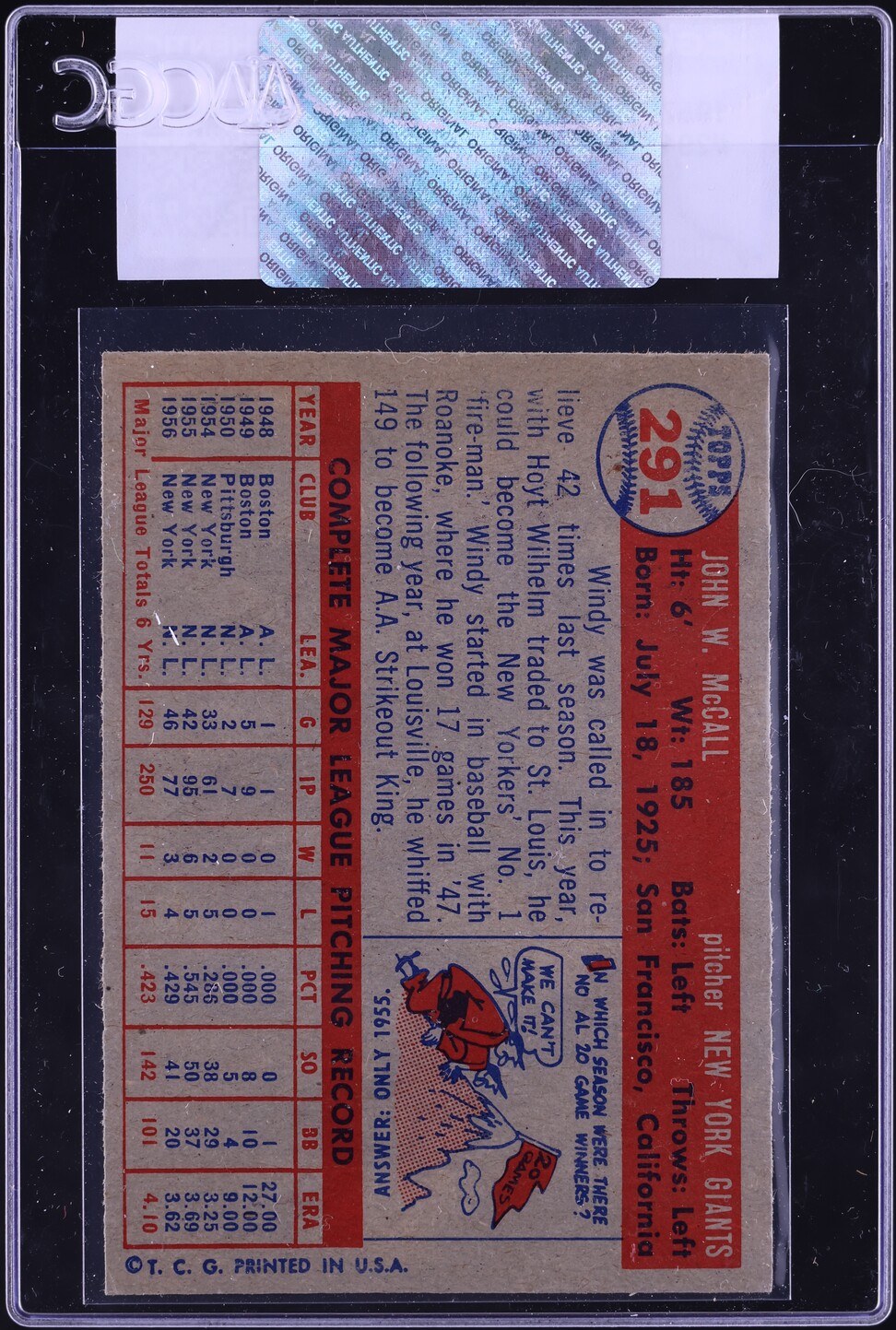 1957 Topps Windy McCall #291 CGC AUTH