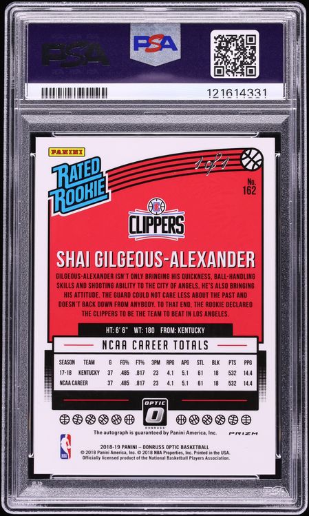 2018 Donruss Optic Gold Vinyl Shai Gilgeous-Alexander ROOKIE AUTO 1/1 #162 PSA AUTH
