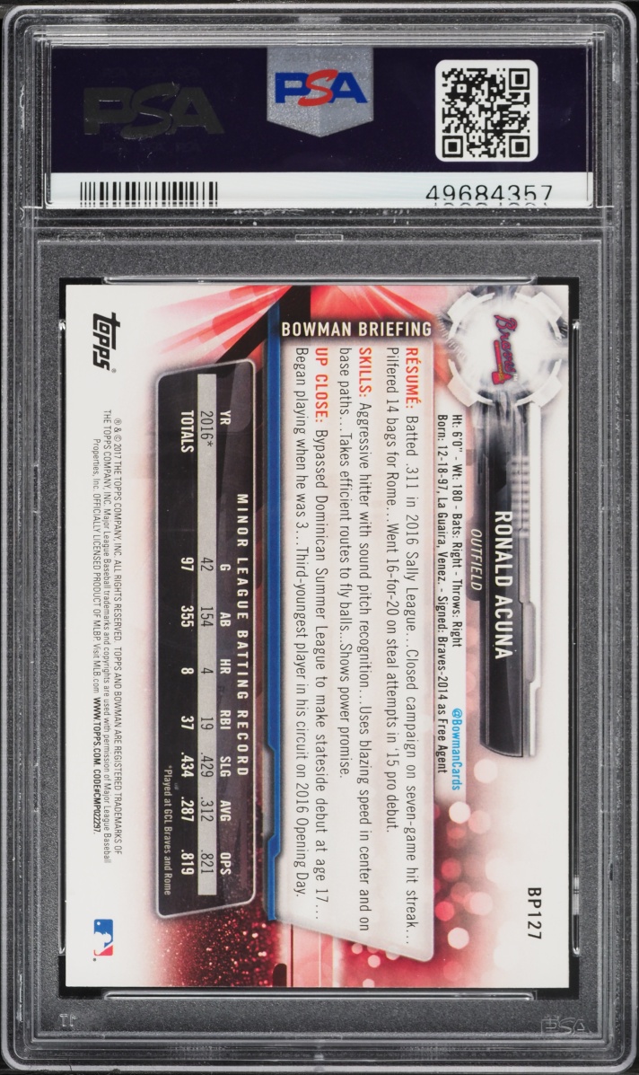 2017 Bowman Ronald Acuna Jr. PROSPECT #BP127 PSA 10 GEM MINT