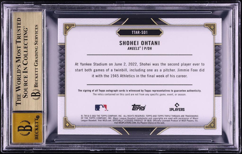 2022 Topps Triple Threads Wood Shohei Ohtani PATCH AUTO 1/1 #TTARSO1 BGS 9.5 GEM MINT