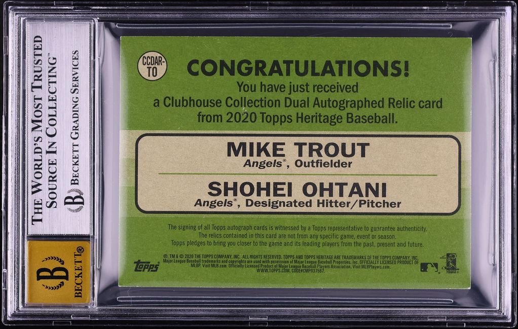 2020 Topps Heritage Clubhouse Dual Shohei Ohtani & Mike Trout PATCH AUTO 1/1 BGS 8 NM-MT