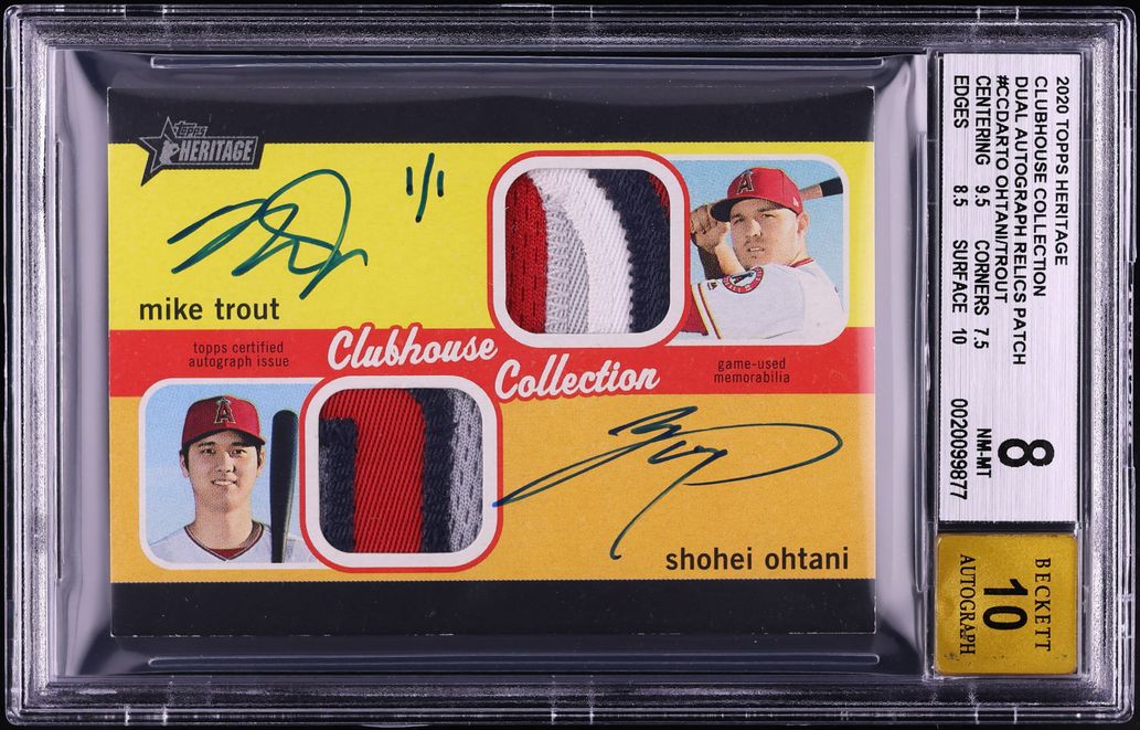 2020 Topps Heritage Clubhouse Dual Shohei Ohtani & Mike Trout PATCH AUTO 1/1 BGS 8 NM-MT