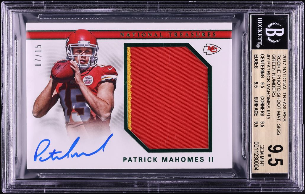 2017 National Treasures Green Numbers Patrick Mahomes II ROOKIE PATCH AUTO /15 #7 BGS 9.5 GEM