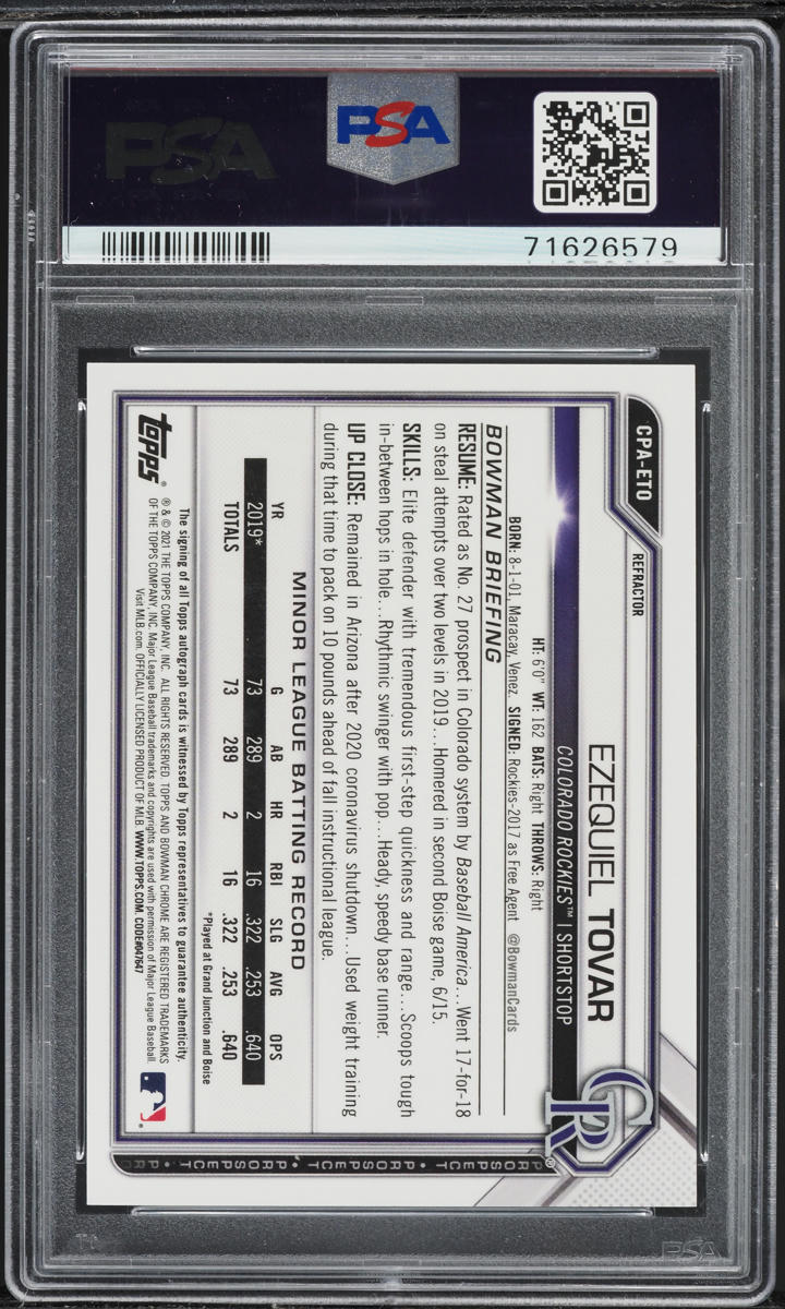2021 Bowman Chrome Refractor Ezequiel Tovar PROSPECT AUTO /499 #CPA-ETO PSA 10 GEM MINT