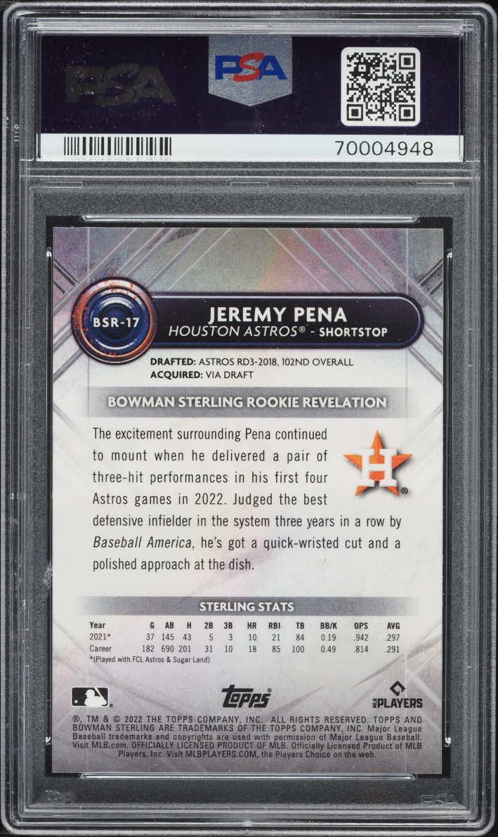 2022 Bowman Sterling Jeremy Pena ROOKIE #BSR-17 PSA 8 NM-MT