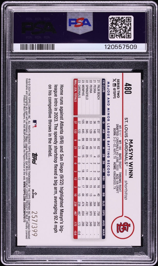 2024 Topps Aqua Crackle Foil Board Masyn Winn ROOKIE /399 #480 PSA 10 GEM MINT - Photo 2