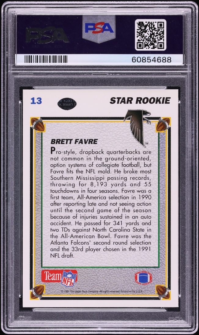 1991 Upper Deck Football Brett Favre ROOKIE #13 PSA 9 MINT - Photo 2