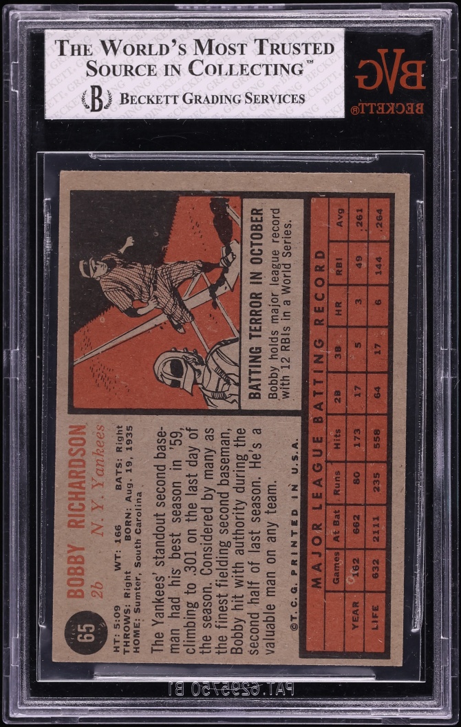 1962 Topps Bobby Richardson #65 BVG 7 NRMT - Photo 2