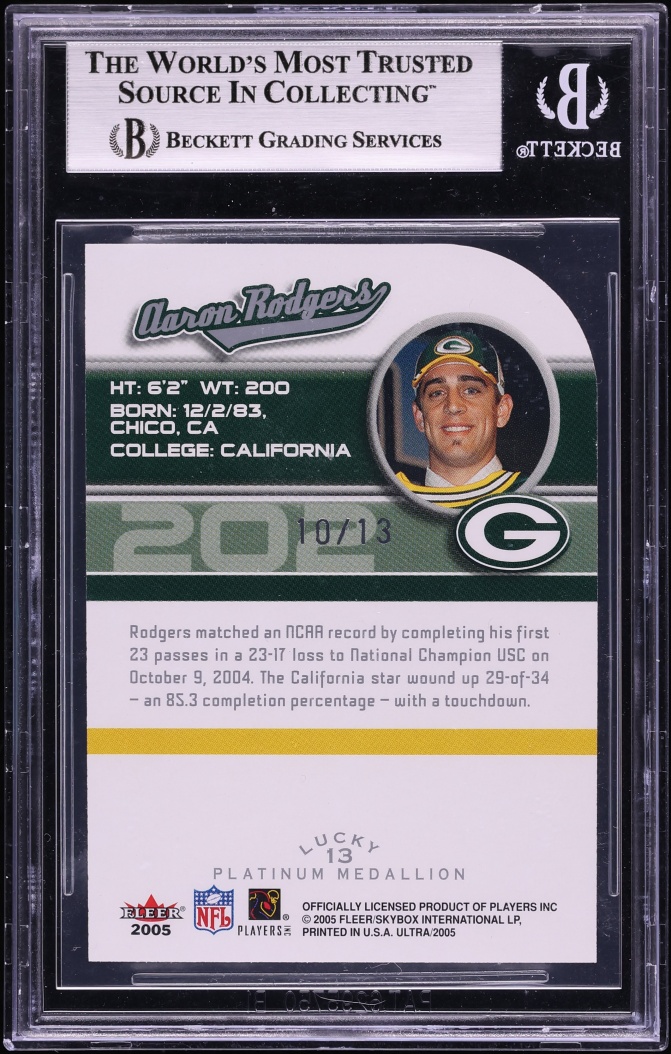 2005 Ultra Platinum Medallion Aaron Rodgers ROOKIE /13 #202 BGS 8 NM-MT - Photo 2