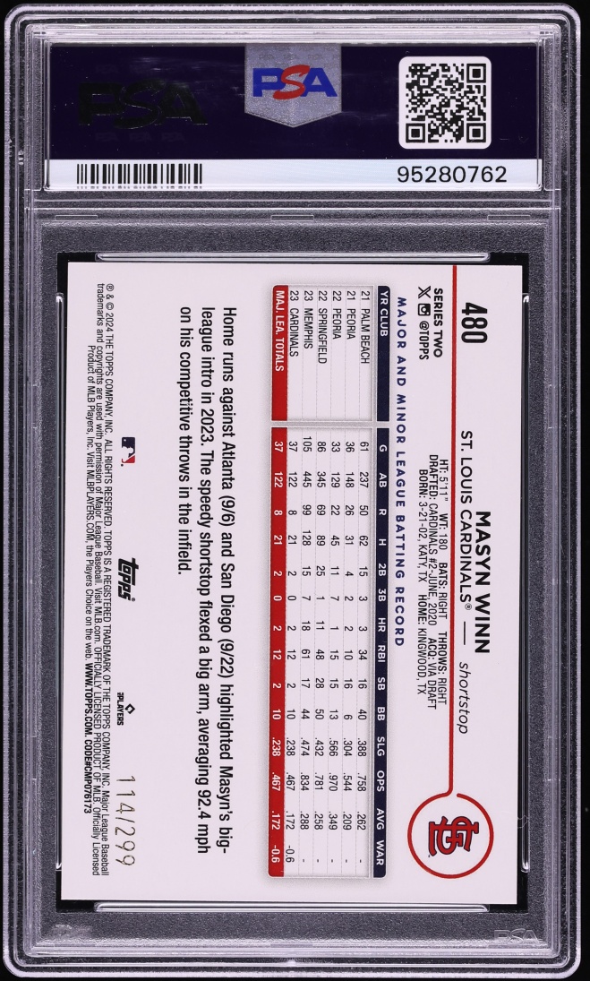 2024 Topps Orange Crackle Foil Board Masyn Winn ROOKIE /299 #480 PSA 10 GEM MINT - Photo 2