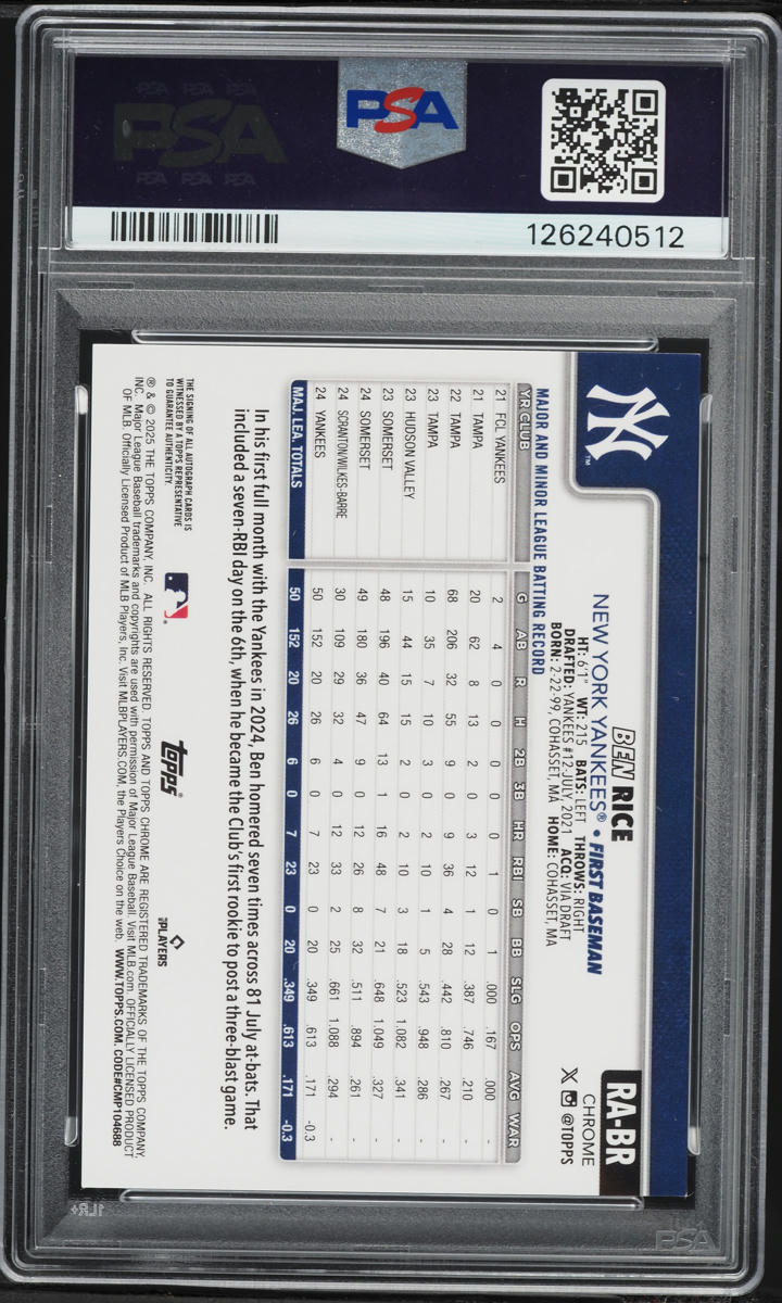 2025 Topps Chrome Black & White Mini Diamond Refractor Ben Rice ROOKIE AUTO #RABR PSA 9 MINT