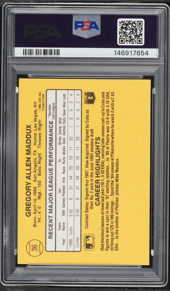 1987 Donruss Greg Maddux ROOKIE #36 PSA 10 GEM MINT